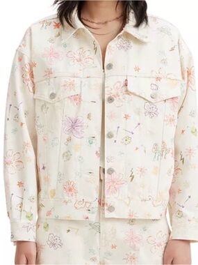 Levi's Cream Denim Jacket with Pastel Floral Doodles